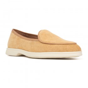 Buty damskie w stylu belgian loafers, zamsz, miodowy