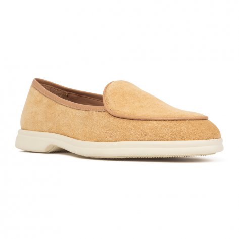 Buty damskie w stylu belgian loafers, zamsz, miodowy