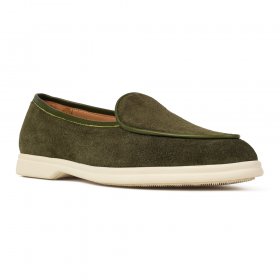 Buty damskie w stylu belgian loafers, zamsz, ciemna zieleń