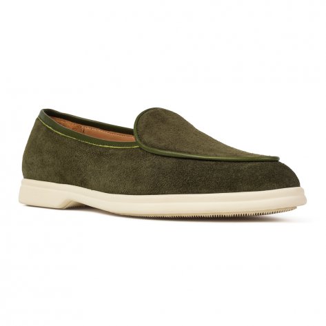 Buty damskie w stylu belgian loafers, zamsz, ciemna zieleń