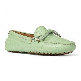Cavaccino damskie driving shoes z naturalnej włoskiej skóry we wzór skóry krokodyla - pistacja