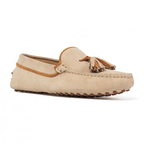 Cavaccino damskie driving shoes z zamszu beżowo-brązowe z frędzlami